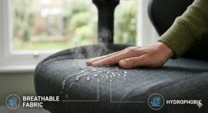 Profile view of a waterfall seat edge on a gaming chair, designed to reduce pressure on the thighs and improve circulation during long working hours.