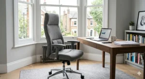 Modern grey fabric executive chair with polished chrome base and swivel wheels.