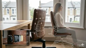 A detailed close-up of a master craftsman’s hands meticulously performing hand-stitching on the tufted leather armrest of an executive chair, using traditional tools like a saddler’s needle.