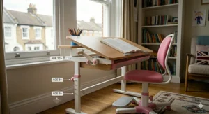 Detailed view of the desk frame's adjustable leg with clear labels for different childhood growth stages and corresponding heights in centimetres.