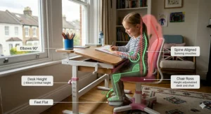 An ergonomic guide overlaying a child at a height adjustable desk, highlighting 90-degree elbow and knee angles with feet flat on a rest.