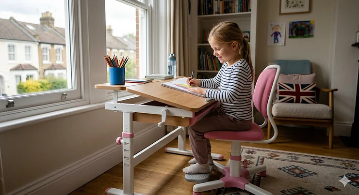 A primary school child sitting at a white height adjustable kids study desk in a sunlit UK home, drawing in a notebook with correct ergonomic posture. kids study desk height adjustable