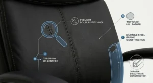 Detailed view of the premium leather upholstery and reinforced double-stitching on a luxury executive chair.