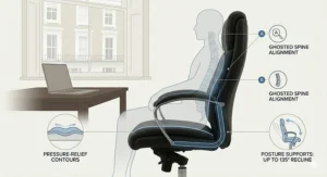 A stylish executive office chair positioned behind a dark wood desk in a professional London-style study with natural lighting.