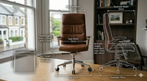 A Midnight Black luxury leather executive swivel chair is positioned at a minimalist glass desk in a modern London penthouse study with panoramic views of the city skyline.