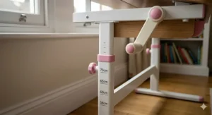 Close-up of a white and pink manual crank handle and height-marked leg of a kids study desk, showing measurements in centimetres.