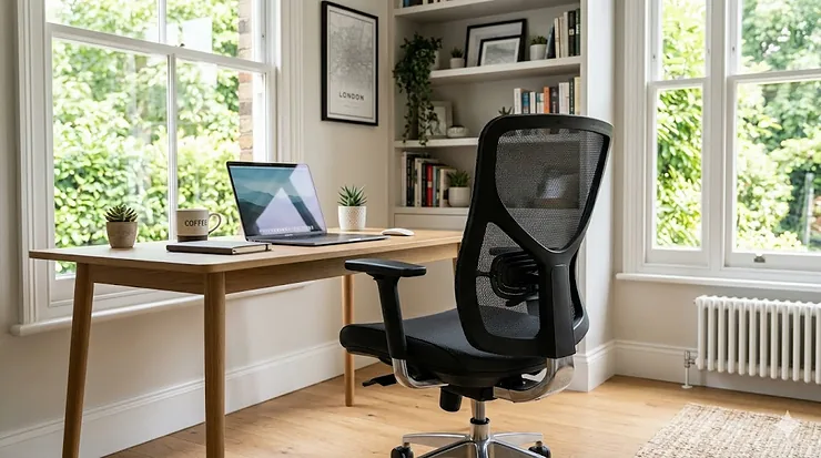 Ergonomic mesh back office chair designed for breathability and comfort during hot weather in a bright UK home office. mesh back office chair for hot weather