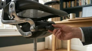 Illustration demonstrating the synchro-tilt recline feature and tension control knob under the seat of a mesh desk chair.