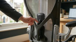 Close-up illustration of the adjustable lumbar support system on a breathable mesh backrest for improved posture.