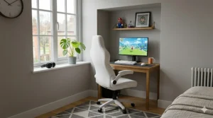 Sleek white gaming chair styled in a small British bedroom alcove setup.