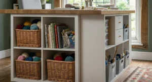 Alt text for a close-up of modular storage cubes under a white craft unit containing wicker baskets with colourful yarn and grey felt bins for haberdashery supplies.