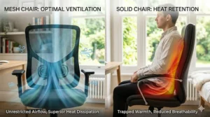 Diagram comparing heat retention of leather seats versus the cooling ventilation of a mesh back office chair.
