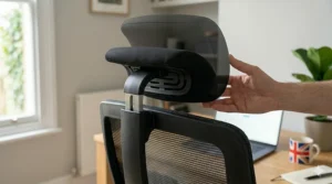 An ergonomic office chair featuring an adjustable headrest for neck support when sitting for extended periods.