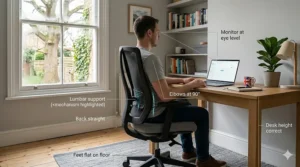 Diagram showing correct sitting posture for long hours at a desk, highlighting 90-degree angles for arms and knees.