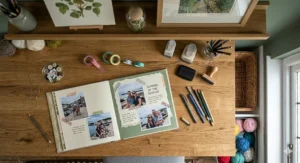 Alt text for a top-down view of a scrapbooking project on a solid oak craft desk with washi tape, stationery, and paper punches arranged on the worktop.