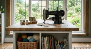 Alt text for a vintage-style sewing machine on a solid oak craft desk with storage cubes containing wicker baskets and sewing books in a bright British studio.