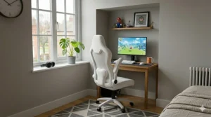 A tidy UK gaming setup featuring a white chair and matching desk for limited square footage.