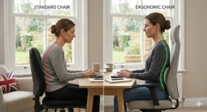 A side-by-side comparison showing a slumped posture on a basic chair versus an upright, supported posture on an ergonomic chair with lumbar support.