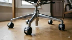 A technical close-up photograph showing the underside of the executive chair, detailing the sophisticated aluminium tilt and height adjustment mechanism and gas-lift cylinder.