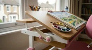 Close-up of a wood-finish tilting desktop on a kids study desk, set at an angle for watercolour painting near a window in a UK home.