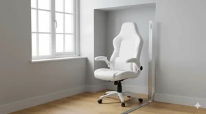 White gaming chair with flip-up arms tucked under a small desk to save floor space.