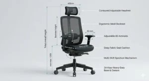Adjustable headrest on a 24 hour executive chair providing neck support for long shifts and control room environments.