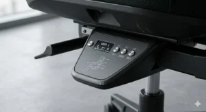 Technical drawing showing the width, depth, and seat height range of a 24 hour office chair to British standard specifications.