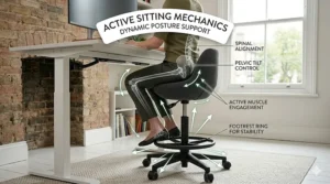 A contemporary perch stool designed for active sitting and movement at a height-adjustable desk.