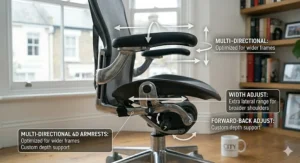 Diagram demonstrating 4D adjustable armrests that widen to accommodate broader frames comfortably.