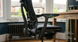 A detailed 4K photorealistic close-up showing the multi-point adjustability of a premium ergonomic office chair for working from home, with text labels for 4D arms, seat depth, and spinal support.
