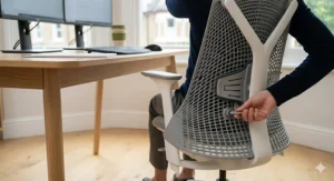 Alt text for image 4: A photorealistic close-up view from a side-three-quarter angle, focusing on the lumbar support area of the mesh task chair. The user's hand is shown adjusting a detailed knob at the base of the backrest, which is perfectly contoured to support a shorter individual’s lower spine.