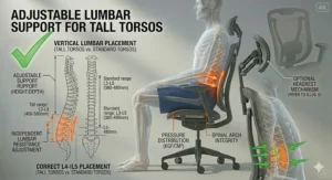 Illustration demonstrating how to position adjustable lumbar support for the lower back of a taller individual.