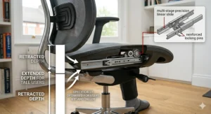 Diagram of an office chair seat slider mechanism providing essential thigh support for users with long legs.