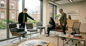 An open-plan corporate lobby showcasing an array of affordable visitor chairs, including stackable plastic seats, a leather tub chair, and an ergonomic mesh-back task chair.
