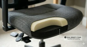 A compact value office chair tucked neatly into a small corner workspace within a British flat, showcasing space-saving design.
