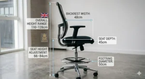 Dimensions diagram for a tall drafting chair, specifying seat width, back height, and the adjustable range of the foot ring in centimetres.