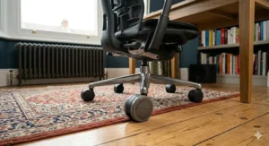 Close-up illustration of the soft polyurethane caster wheels on an office chair for working from home, showing them gliding smoothly from a Persian rug onto polished hardwood flooring.
