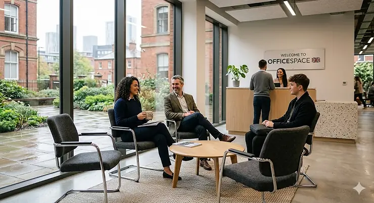 A group of professionals chatting in a modern British office lobby, featuring charcoal fabric cantilever visitor chairs arranged around a light oak coffee table with natural overcast daylight streaming through large windows. best visitor chair