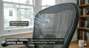 Close-up of premium breathable mesh fabric on a sturdy office chair frame to prevent overheating during long working hours.