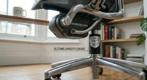A graphic showing the BS EN 1335 British Standard certification logo alongside a robust office chair for heavy users.