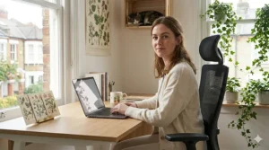 Adjustable swivel desk chair with castor wheels for easy movement on carpets.