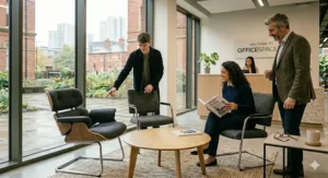 An office coworker pointing to a premium moulded veneer and charcoal fabric armchair alongside a classic cantilever-frame visitor chair in a contemporary office showroom.