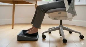 Alt text for image 2: A close-up side-three-quarter view of the petite woman's feet and lower legs, showing them resting firmly and flat on the textured dark grey footrest. Soft British daylight highlights the textures of the wooden floor and her tailored trousers.