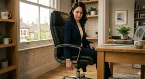 Alt text for image 6: A woman sitting in a high-backed black leather office chair, reaching down to adjust the lever underneath the seat in a bright home office next to a sash window.