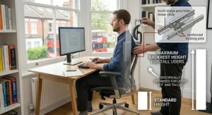 Posture guide for tall users showing hips slightly higher than knees and feet flat on the floor at a UK standard desk height.