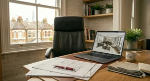 Alt text for image 9: An empty black leather office chair behind a wooden desk holding architectural blueprints, a red pen, a laptop showing a room layout, and a London Pottery mug.