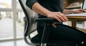 A pair of height-adjustable armrests on a drafting chair, showing how they provide shoulder and neck relief during technical drawing or typing.