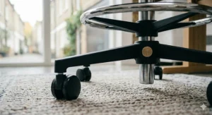The five-star nylon base of a drafting chair featuring hooded twin-wheel castors for smooth movement on both carpets and hard floors.