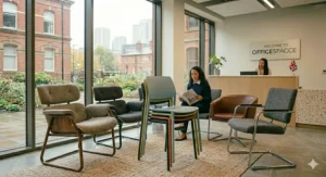 A selection of sustainable and responsibly manufactured visitor chairs, including a stack of colourful recycled plastic models and upholstered cantilever seating on a jute rug.