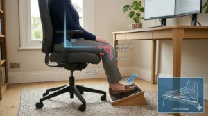 Alt text for image 3: A side-view diagram demonstrating a person with shorter legs sitting in an ergonomic chair with feet flat on the floor and knees at a 90-degree angle.